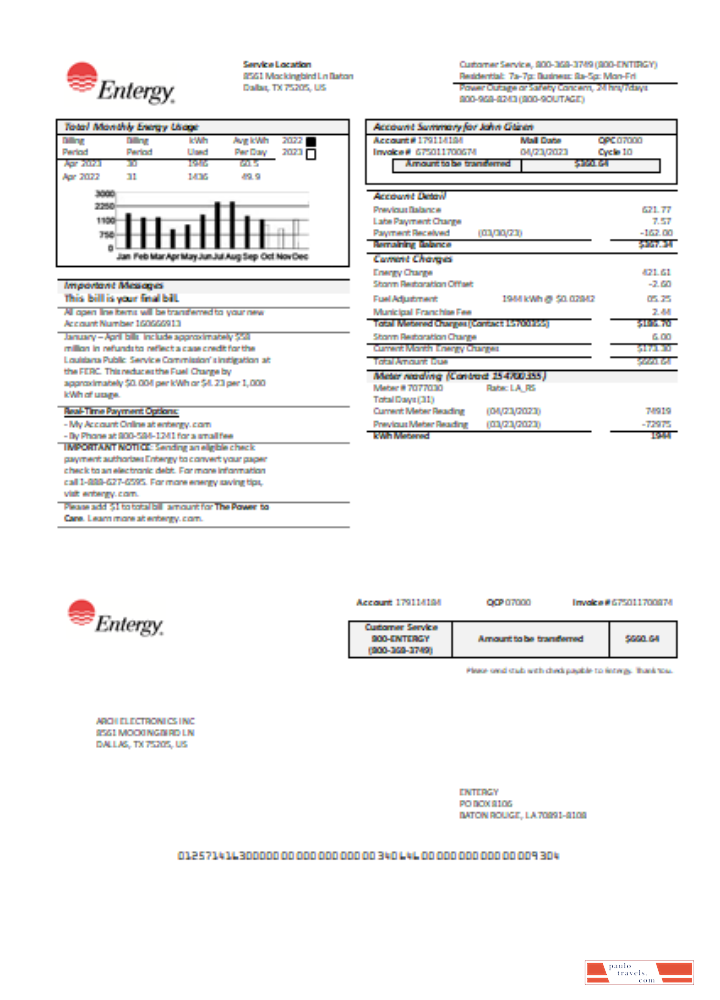 Entergy utility business bill, page 1, SCR PSD template